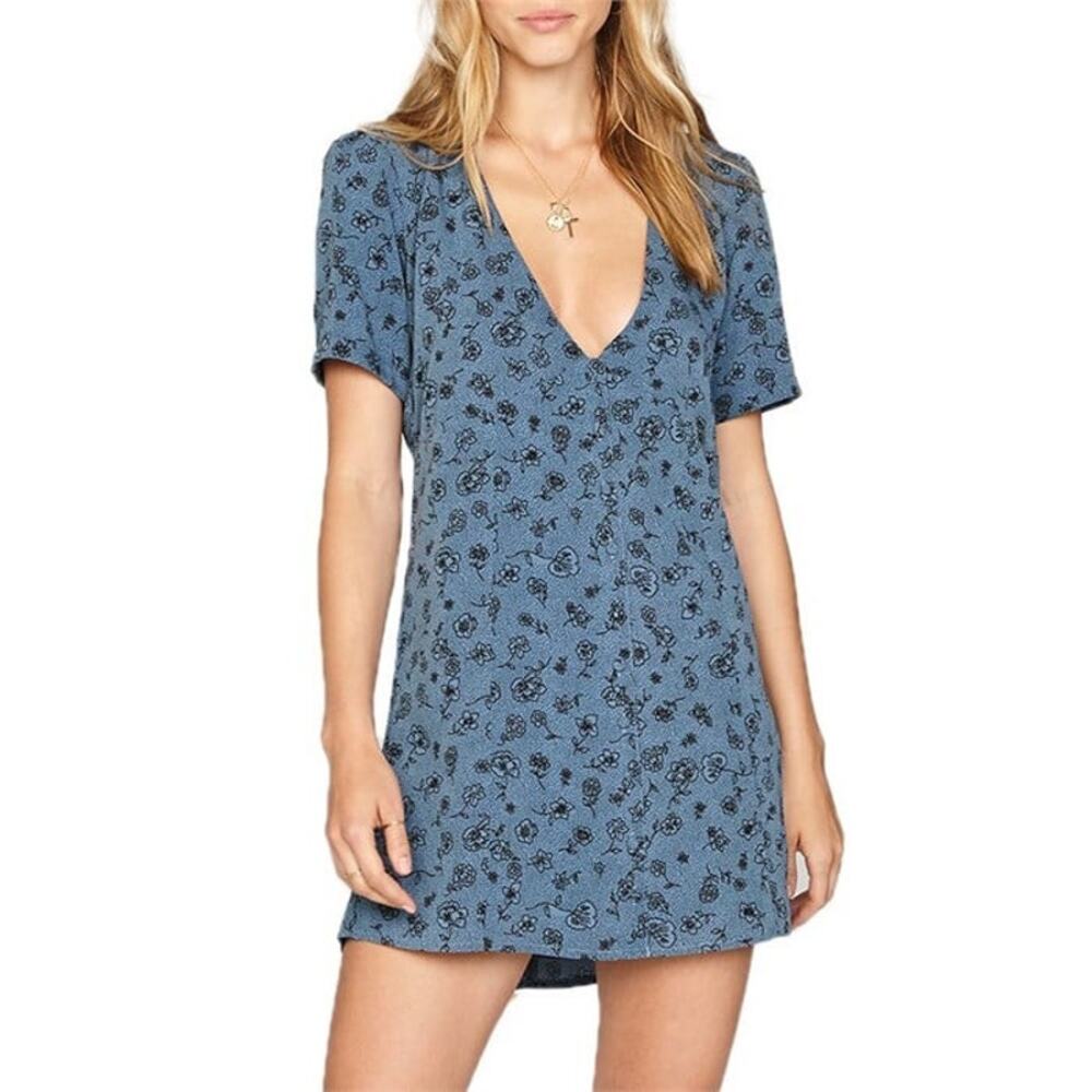 Amuse Society Blue Floral T-Shirt Dress Sz XS Beach Festival Boho Coastal Resort